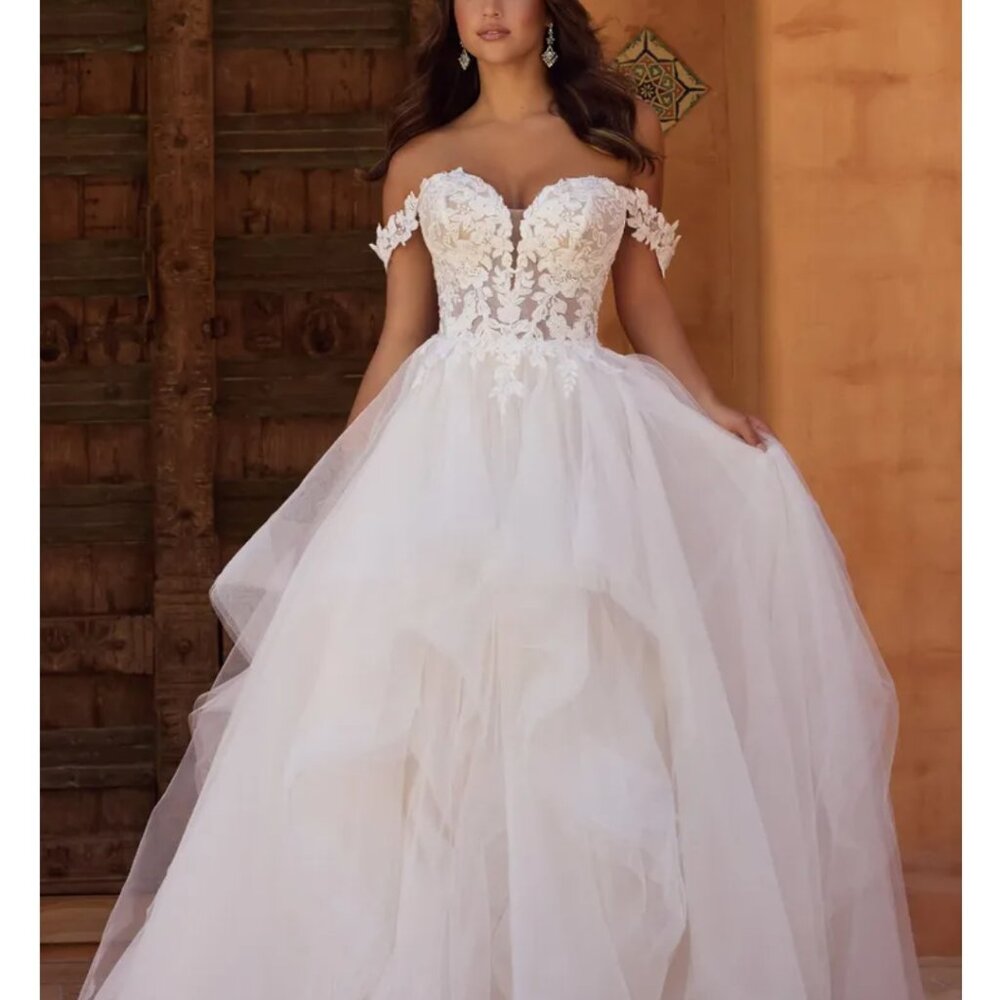 Sophia Tolli Off-the-Shoulder White Lace Ball Gown